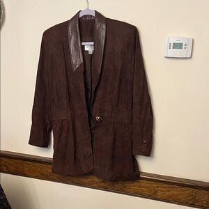 Vakko Dark Brown Suede Blazer with Leather Collar